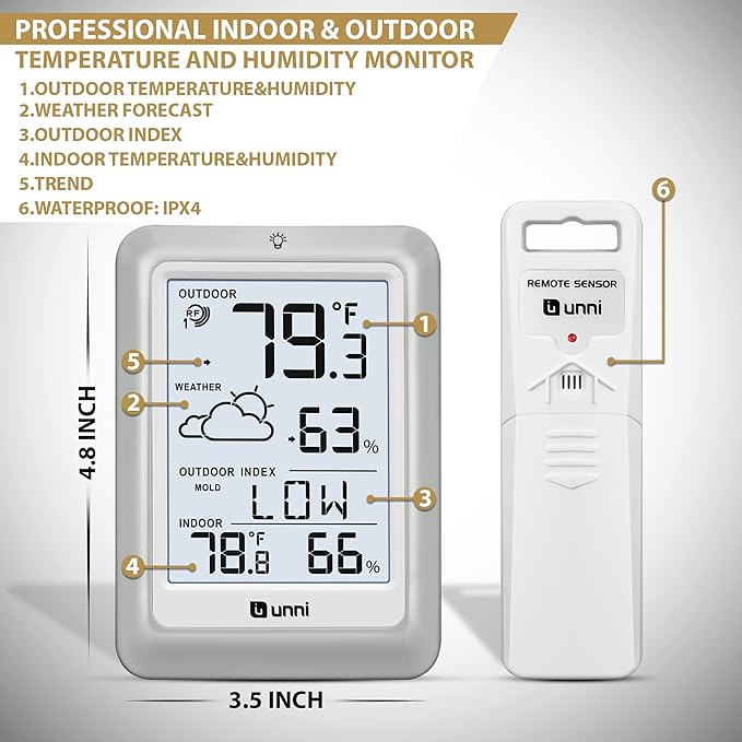 Indoor Outdoor Thermometer Hygrometer Wireless Weather Station, Temperature Humidity Monitor Battery Powered Inside Outside Thermometers with 330ft Range Remote Sensor and Backlight Display