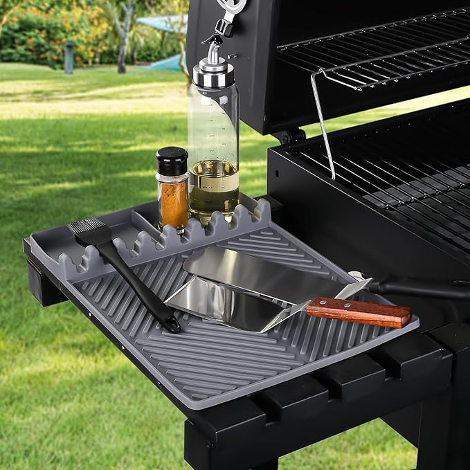 Griddle Mat Barbeque Grill Accessories Tools for Blackstone, Side Shelf Mat Grill Pad for Outdoor Grill Kitchen Counter Spatula Silicone Mat with Drip Pad for Kitchen, Cooking, Countertop (Grey)