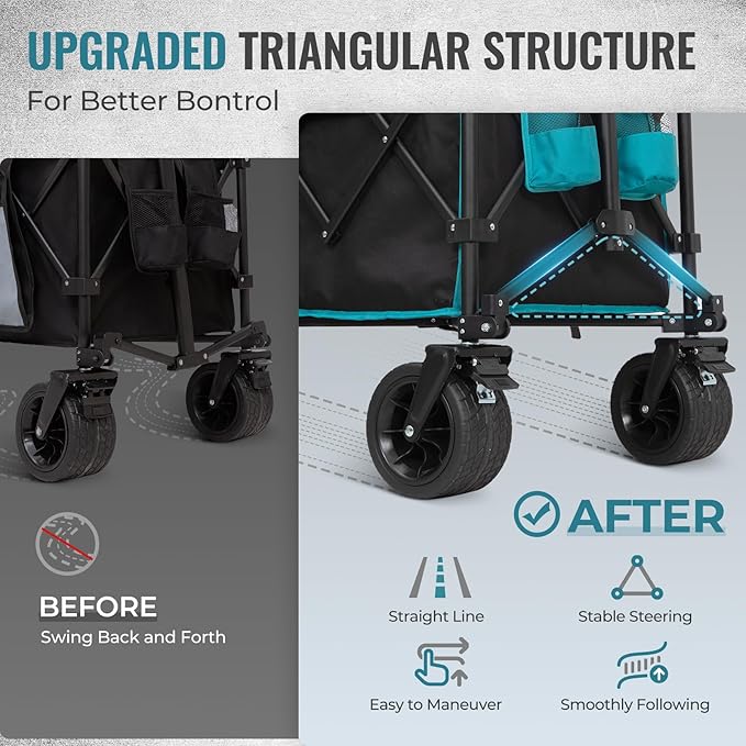 FUNDANGO 600lbs Heavy Duty Wagon, Foldable Beach Collapsible Wagons Garden Cart with Brakes, Side Pockets & All-Terrain Big Wheels for Sports Camping Shopping Groceries, Black/Blue