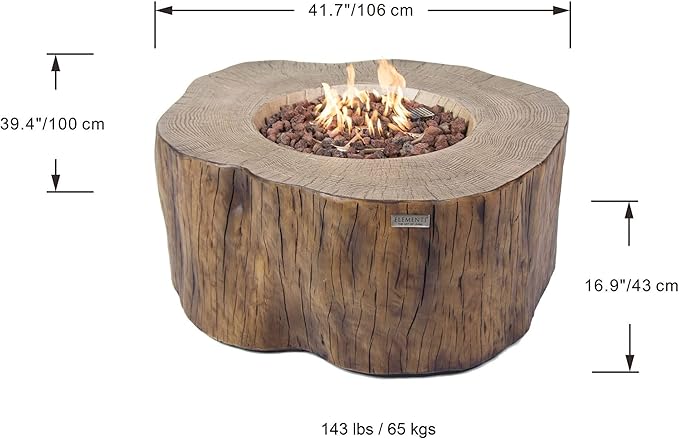Elementi | Bundle Manchester Gas Fire Pit Cast Concrete Semi-Round Fire Table, Outdoor Fire Pit Electronic Ignition | Canvas Cover, Lava Rock Included | Red Wood (Propane Gas)