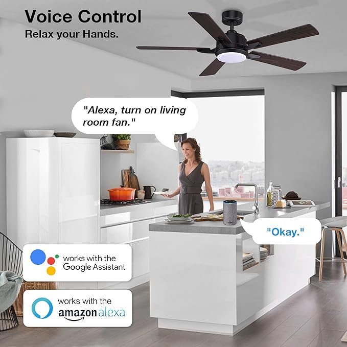52” Smart Ceiling Fans with Lights Remote,Quiet DC Motor,Outdoor Indoor Modern Ceiling Fan,Voice Control via WIFI Alexa App,6-speed,Dimmable Ceiling Fan for Bedroom Patio,Black& Walnut Brown