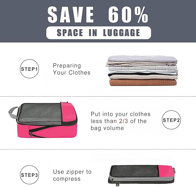 BAGAIL 4 Set/6 Set/8 Set Compression Packing Cubes Travel Accessories Expandable Packing Organizers (Half Mesh, 6-Fuchsia)