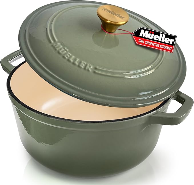 MÜELLERHOME 7.5 Quart Enameled Cast Iron Dutch Oven For Sourdough Bread Baking, Heavy-Duty, Oven-Safe up to 500° F & Across All Cooktops, Casserole Dishes, Green Kitchen Accessories, Thyme Green