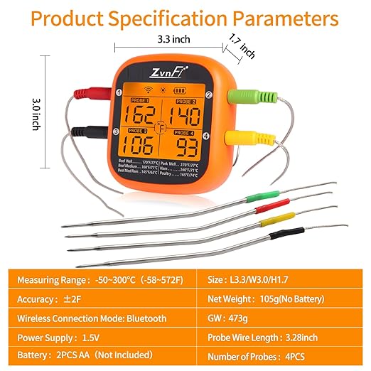 Wireless Digital Meat Thermometer,Instant Read Food Thermometer with LCD Display and 4 Stainless Probes,Advanced Electronic Thermometer Waterproof for BBQ Cooking Kitchen Outside Grill