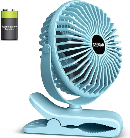 BESKAR Portable Clip on Fan Rechargeable, 4 Speeds Small Battery Operated Fans, USB Desk Fan with Strong Airflow, Sturdy Clamp Fans for Golf Cart Office Outdoor Travel Camping