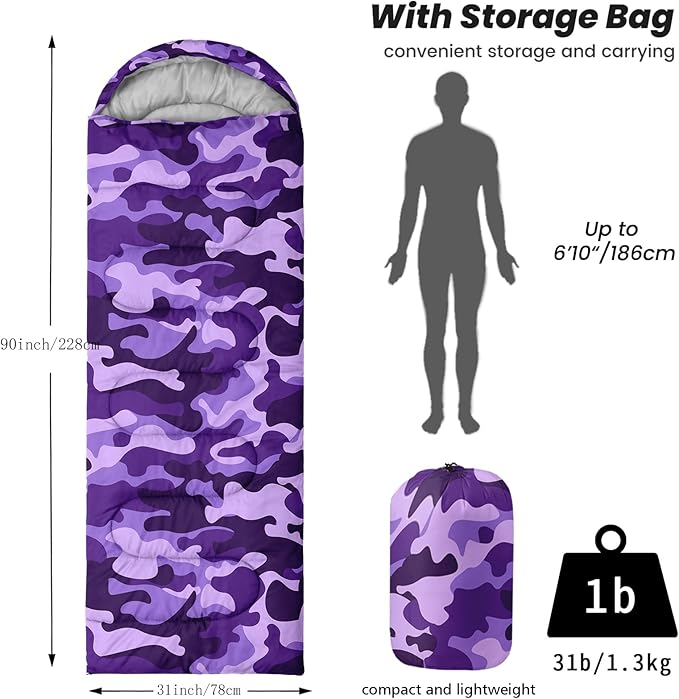 Sleeping Bags for Adults and Kids Backpacking Camping Sleeping Bags for Girls and Boys Lightweight Waterproof Cold/Warm Sleeping Bag for All Season
