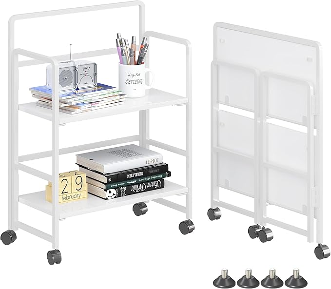 4NM 2 Tiers No-Assembly Folding Bookshelf with Wheels, Portable Rolling Storage Foldable Bookcase & Compact Side Table for Living Room, Bedroom, Kitchen, Bathroom (All White)