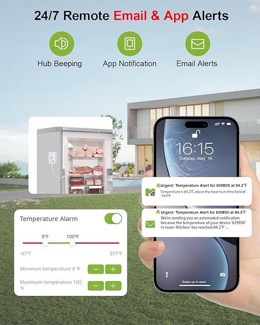 WiFi Freezer Thermometer Alarm with Digital Monitor Hub, App and Email Alerts, 2-Year Data Export, 2 Remote Temperature Sensors for Refrigerator, Fridge, Freezer