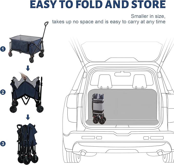 Collapsible Folding Wagon Cart, 220LBS Heavy Duty Foldable Utility Garden Cart with All Terrain Wheels & Side Storage Bag, Portable Sports Wagon for Camping, Shopping, Garden.(Blue)