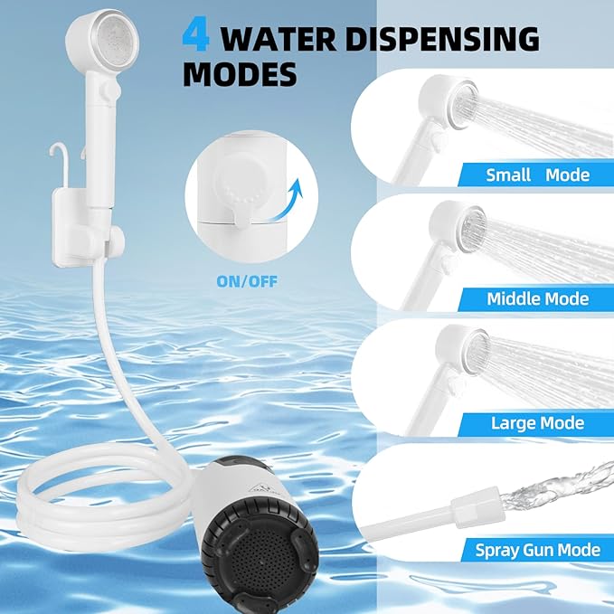 Portable Shower for Camping, 10000mAh Outdoor Electric Shower Pump Rechargeable IPX7 Waterproof Camp Shower with LED Display and 2 Head Nozzle for Camping, Hiking, Travel, Car, Pet