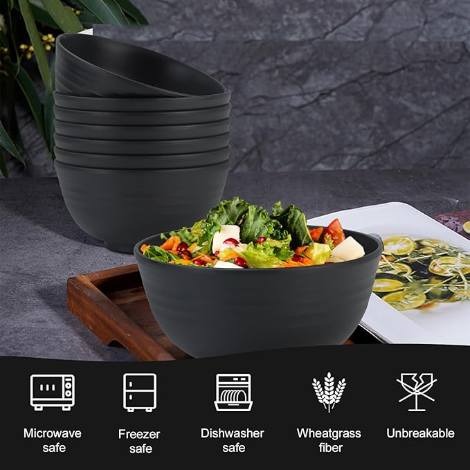 Homienly Cereal Bowl Set, Wheat Straw Bowls for Kitchen, Unbreakable Lightweight Bowl Set of 8, Microwave and Dishwasher Safe Bowls, Reusable Bowl for Serving, Cereal, Snack,Fruit(Black, 26 OZ)