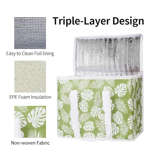 Bodaon 5-Pack Cooler Insulated Food Delivery Bag, X-Large Grocery/DoorDash/Catering/Shopping Bags With Top Zippered, Thermal Hot Pizza, Large Cold and Frozen Door Dash Accessories, XL Tote, Leaf