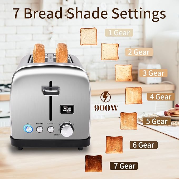 SEEDEEM Toaster 2 Slice, LCD Display, 7 Shade Settings, 1.4'' Wide Slots, Stainless Steel Digital Toaster for Bagel, Defrost, Reheat, Removable Crumb Tray, 900W, Silver Metallic