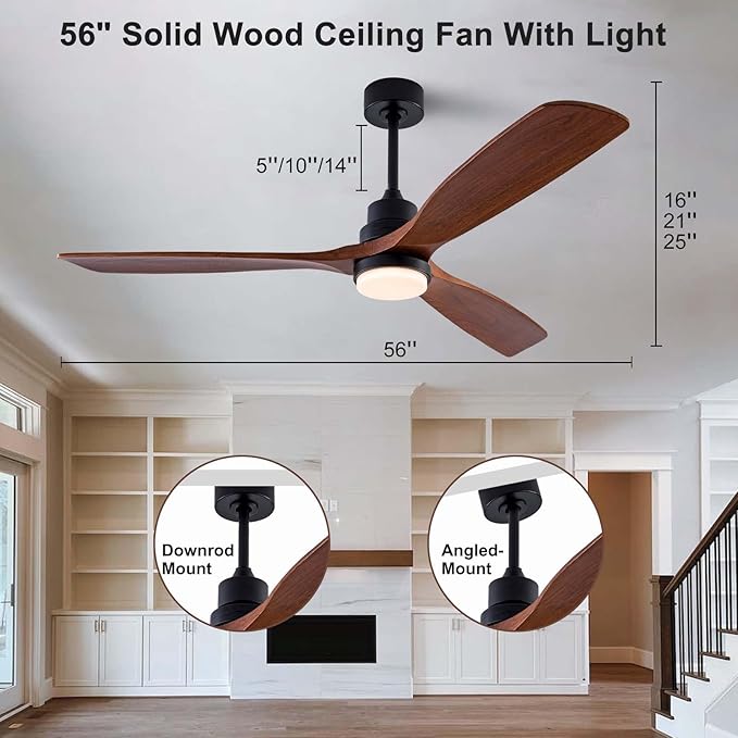 56" Wood Ceiling Fan with Light and Remote Control, Indoor Outdoor Wooden 3 Blades Ceiling Fan for Patio Living Room, Bedroom, Office,Reversible DC Motor(Black+Dark Walnut)