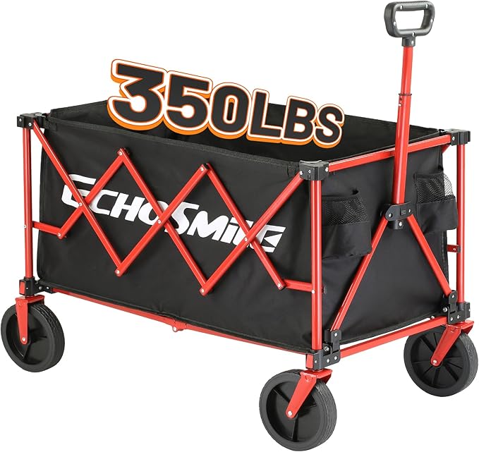 EchoSmile Heavy Duty 350 Lbs Capacity Collapsible Wagon, Outdoor Folding Camping Wagons, Grocery Portable Utility Cart, Adjustable Rolling Carts, All Terrain Sports Wagon with Big Wheels (Black-Red)