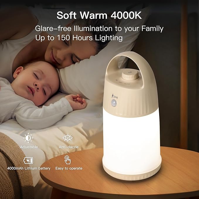 Motion Sensor LED Night Light - Cordless Battery Powered Table Lamp, Portable Lamps Lantern for Outdoor Camping Tents, 4 Brightness Level, Press Dimmable Safe Night Lights,1 Pack (Apricot)