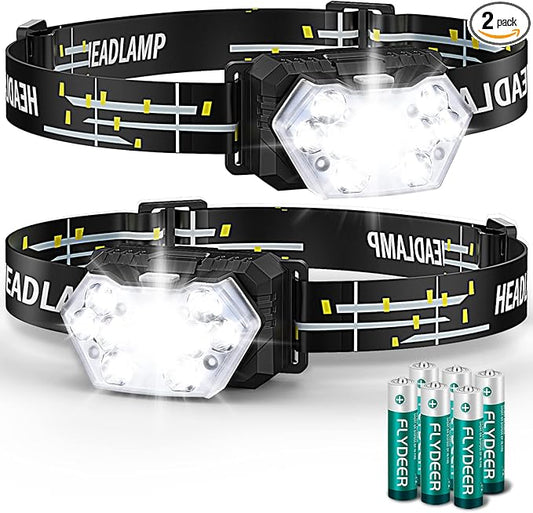 9 LED Headlamp Battery Powered, 2 Packs 2000 Lumens Headlight, 6 AAA Batteries Included, 6 Modes, Lightweight and Adjustable, IPX5 Waterproof Head Lamp for Camping, Outdoor, Running