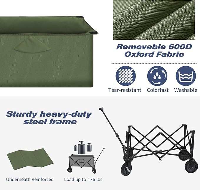 Chihee Folding Beach Wagon Cart Garden Cart Heavy-Duty with 2 Cup Holders,Camp Cart for Gimballed Wheels with Braking System Large Capacity Removable Fabric,for Sporting Events,Camping,Beach Trips