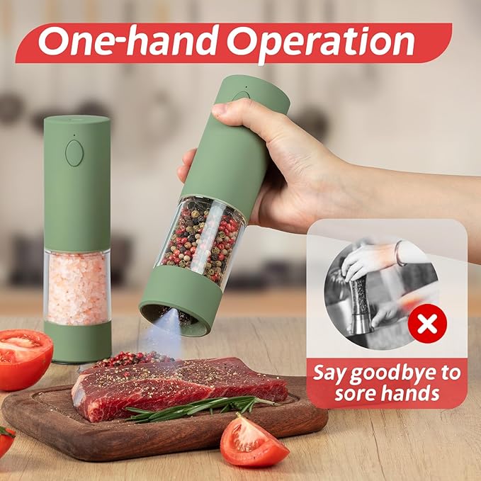 Electric Salt & Pepper Grinder Set (2 Pack) – USB Rechargeable, Adjustable Coarseness, One-Handed Operation with LED Light – Automatic Spice Mill Shaker for Kitchen, Dining, or Camping