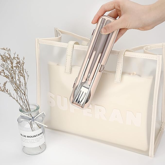 DEVICO Portable Utensils, Travel Reusable Silverware Flatware Set for Lunch, 18/8 Stainless Steel 4-Piece Camping Cutlery Include Fork Spoon Chopsticks with Case (Brown)