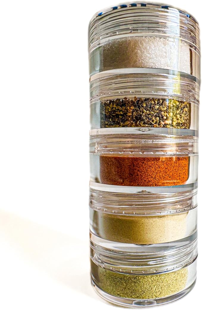 NICE RACK Mini Travel Spice Rack Filled with Organic Herbs, Refillable, Made in USA, Camp Spice Kit - Great Gift, CAMPING, RV, Purse, Backpacking with Shaker Tops 5 Stacking (3 3/8 x 1 3/8")