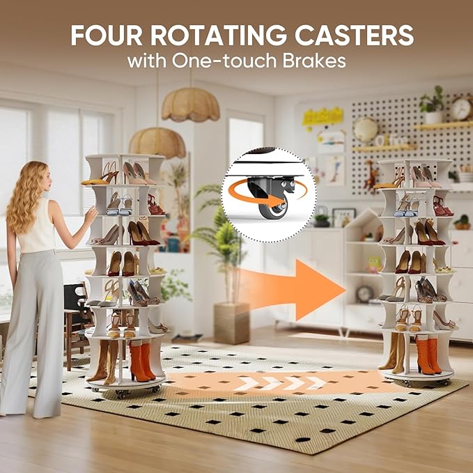 71" Rotating Shoe Rack with Lockable Wheels, 7-Tier Spinning Vertical Shoe Tower with Under-seat Boot Storage Space-Saving Free Standing Shoe Carouse Organizer for Closet Entryway Bedroom (71")