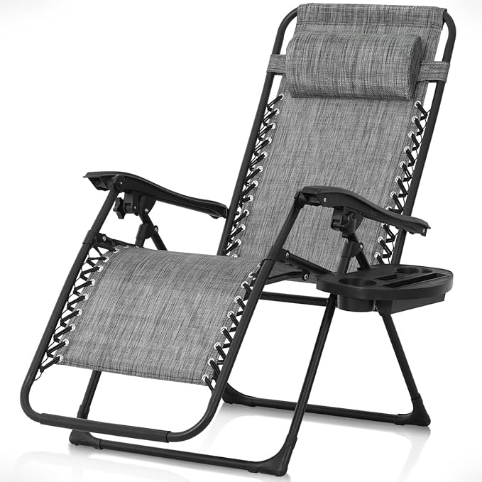 CAPHAUS Grey Zero Gravity Chair, Zero Gravity Recliner, Zero Gravity Lounge Chair, Reclining Outdoor Chair, Anti-Gravity Chair for Indoor & Outdoor, Folding Reclining Chair w/Side Tray, Grey