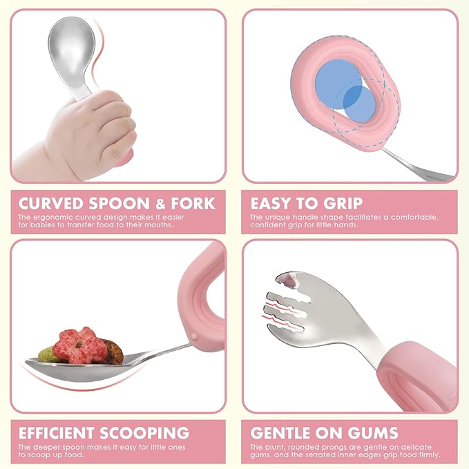 MR. CHOU Baby Suction Bowl Set with Spoon & Fork, Double-Layer 18/8 Stainless Steel Toddler Bowls with BPA Free Airtight Lid, Food Grade Infant Self-Feeding Bowl, First Stage Led Weaning Supplies Pink