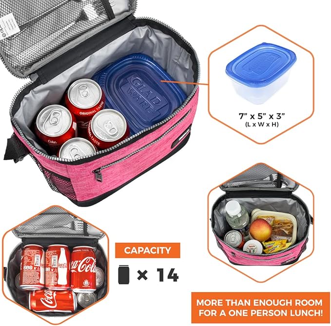 opux Insulated Lunch Box Men Women, Lunch Bag for Work School, Leakproof Soft Cooler Tote Adult, Large Lunch Pail Kids Boys Girls, Picnic Beach Food Bag with Shoulder Strap, Pink