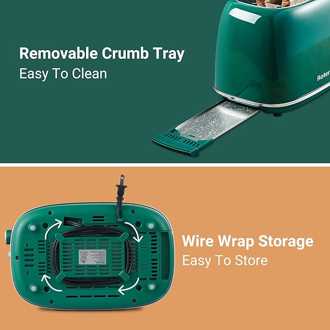 Roter Mond 2 Slice Toaster Retro Stainless Steel with Bagel, Cancel, and Defrost Functions, 6 Bread Shade Settings, Extra Wide Slots and Removable Crumb Tray, Green