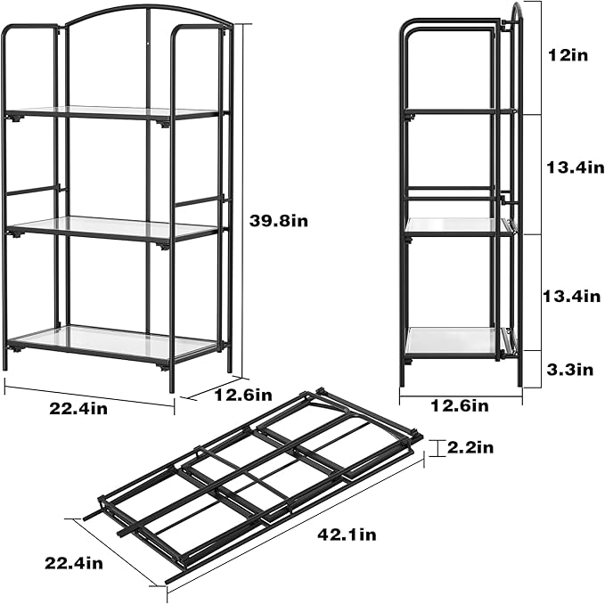 Crofy No Assembly Folding Bookshelf for Living Room, 3 Tier Black Collapsible Book Shelf for Home Office, Portable Bookcase Storage Organizer
