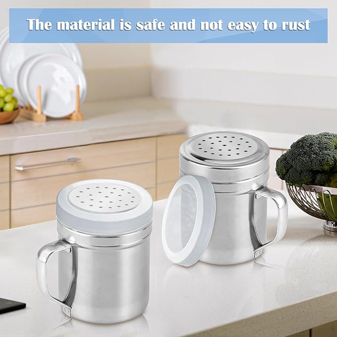 2Pcs Metal Salt Pepper Dredge Shakers, Stainless Steel Pepper Shaker Seasoning Jar With Handle, With Hole And Cover, Suitable For Pepper, Cinnamon And Coffee Spice Jars (Small-6OZ)