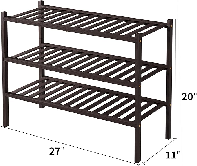 3 Tier Bamboo Shoe Rack for Closet Free Standing Wood Shoe Shelf for Entryway Small Space Stackable 27"x11"x20" (Brown)