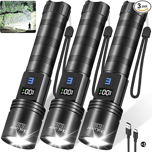 3Pack Rechargeable Flashlights 99000 High Lumens, Super Bright Flashlight with LCD Digital Display, 5Modes Adjustable LED Flashlight Tactical Flashlights High Powered, Flash Lights for Emergency