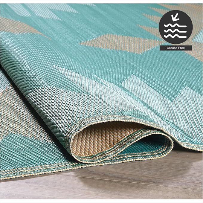 FH Home Outdoor Rug - Waterproof, Fade Resistant, Reversible - Premium Recycled Plastic - Geometric - Patio, Deck, Porch, Balcony - Bursa Kilim - Teal Crease Free - 5 x 8 ft