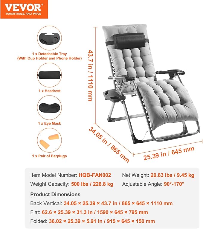 VEVOR Zero Gravity Chair, 26 inch Zero Gravity Recliner Lounge Chair for Indoor and Outdoor, Adjustable Anti Gravity Chair with Cushion, Headrest, Footrest, and Cupholder, 500 lbs, Gray