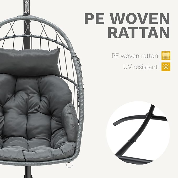 DWVO Egg Chair with Stand, Hanging Outdoor Rattan Wicker Patio Hammock Indoor Egg Chair with Cushion, Hanging Swing Chair 300lbs for Porch, Garden, Bedroom, Balcony, Gray