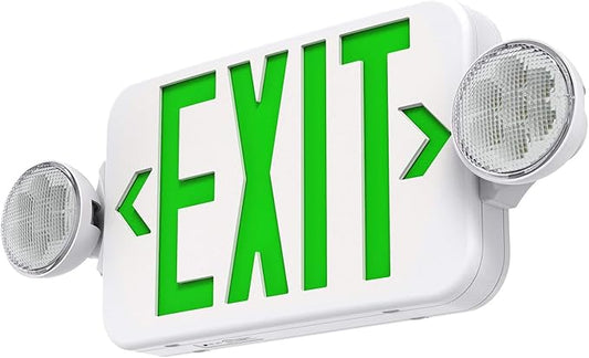 Green Led Exit Sign Emergency Light Combo Adjustable Two Head, Double Sided and Battery Backup Exit Light, Contractor Select, AC 120/277V (1 Pack)