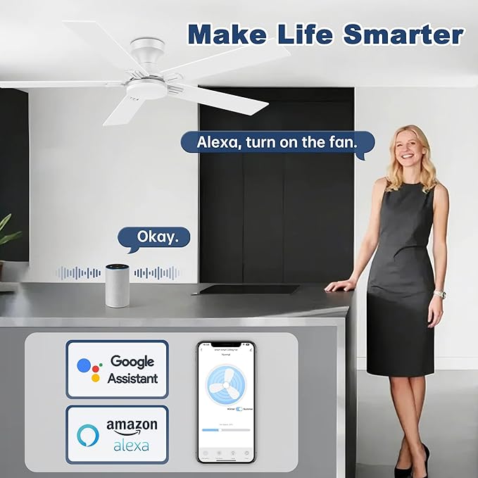 cumilo 52 inch Smart Low Profile Ceiling Fan with Lights Remote,Quite DC Motor,WIFI Voice Control via Alexa,Flush Mount Outdoor Indoor for Bedroom Living Room Patio Porch,5 Blades in White&Light Wood