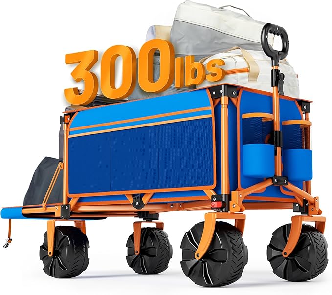 300lbs Extra Long 49" L Beach Wagon with Big Wheels for Sand, Collapsible Utility Beach Cart Heavy Duty Folding Wagon,Ideal for Outdoor Sand Camping Garden Pet