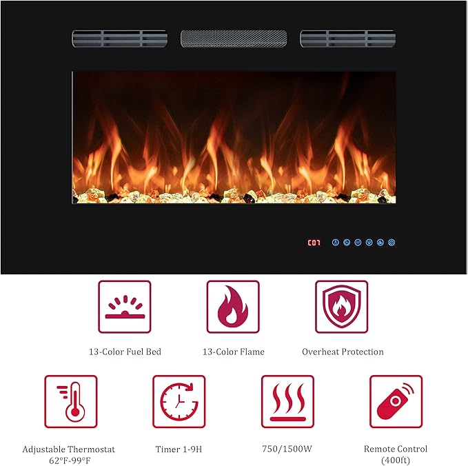 65 Inch Electric Fireplaces Inserts, Recessed & Wall-Mounted Fireplace Heater with Thermostat, Multicolor Flames,Timer, Log & Crystal, 750/1500W Black