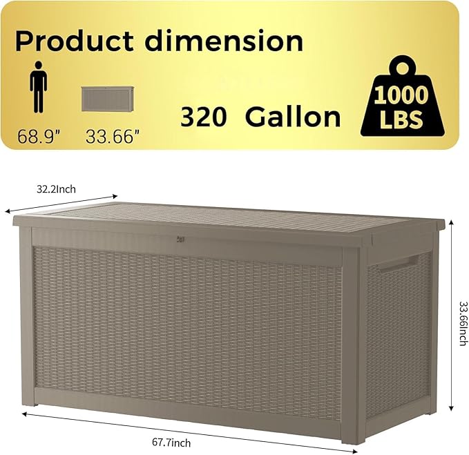 320 Gallon Outdoor Storage Box Patio Deck Box Waterproof, Resin Lockable Outside Large Storage Bin for Pool Cushion Furniture, Garden Tools UV-Resistant, Grey