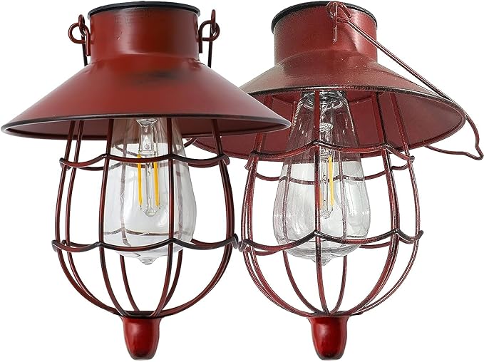 YAKii 2 Pack Solar Lantern Hanging Waterproof Outdoor Metal Solar Lamp with Warm White Light Decorate for Yard Garden Pathway Patio Porch Decor (Red)