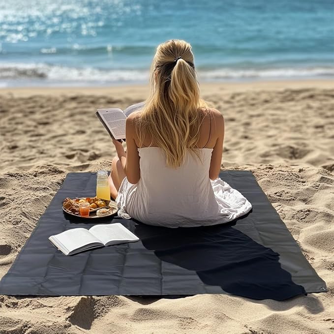 Outdoor Pocket Blanket, 55"x39" Waterproof Foldable Compact Small Pincic Blanket, Ultralight Tarp for Camping, Festival, Beach, Hiking, Backpacking, Travel and More, Stakes Included (Black)