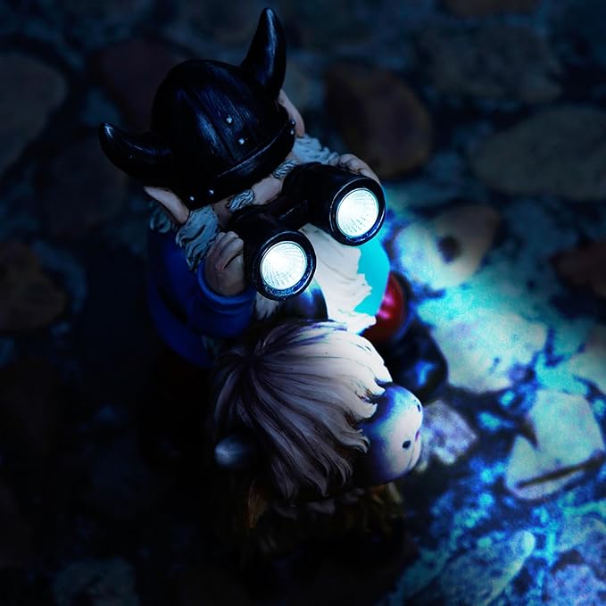 Garden Gnome Statues Resin Gnome Sitting on Highland Cow Solar LED Lights Outdoor Telescope Gnome Decorations