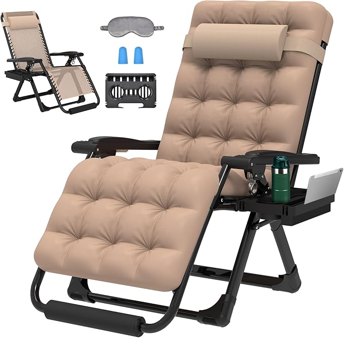 ZENPETIO 29In XL Zero Gravity Chair w/Cushion, Zero Gravity Recliner Lounge Chair for Indoor and Outdoor, Reclining Camping Chair for Lawn, Anti Gravity Chair with Cup Holder and Footrest, 440LBS