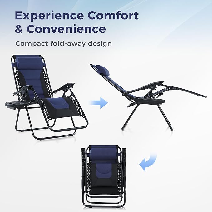 MAISON ARTS Padded Zero Gravity Lawn Chairs Set of 2 Foldable Patio Recliners Anti Gravity Lounge Chairs w/Pillow & Cup Holder Outdoor Camp Chairs for Poolside Backyard Beach, Blue