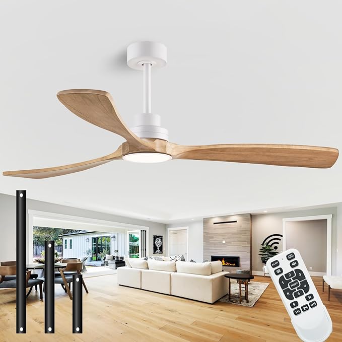60" Ceiling Fans with Light with Remote Control, Indoor Outdoor Wood Ceiling Fan with 3 Wood Blades for Living Room, Hallway, Office, Farmhouse, etc. (White + Wood Color)
