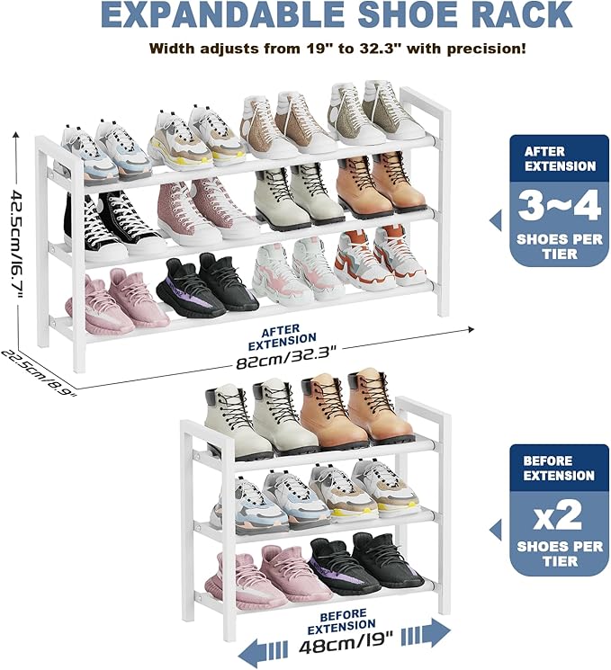 Mavivegue Expandable Shoe Rack, 4-Tier Shoe Organizer for Closet, Adjustable Shoe Rack for Front Door Entrance, Entryway