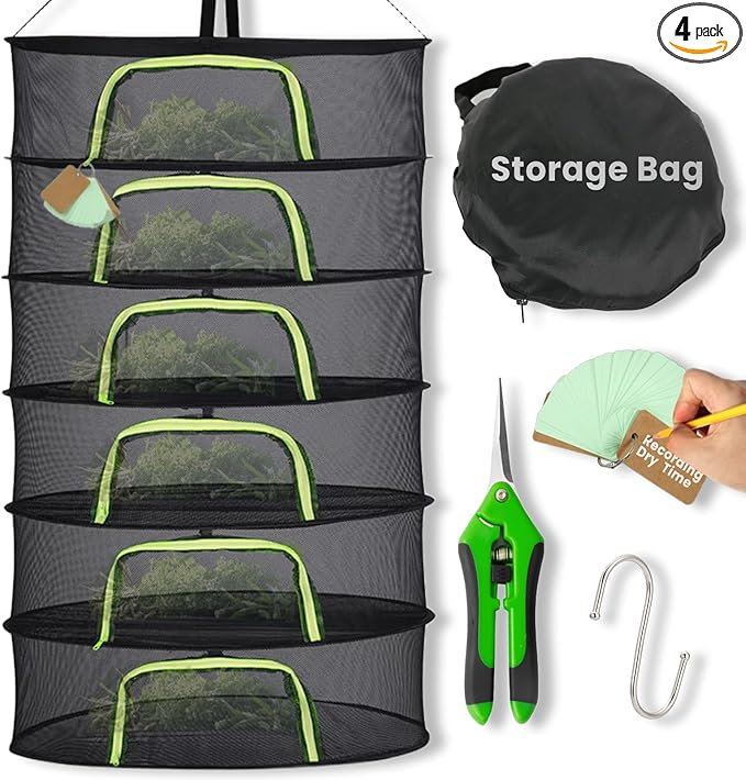 6 Layer 24" Herb Drying Rack Hanging with Garden Pruning Shears, Large Zipper, Hook & Notepad, Foldable Drying Rack for Herbs, Spices & Seasonings, Hanging Herb Dryer Indoor & Outdoor